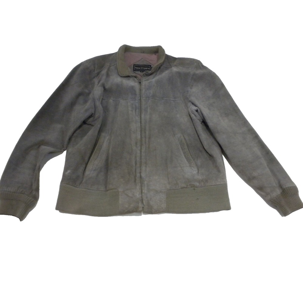 Peter England Jacket Mens XL Gray Suede Leather Bomber Full Zip Lined‎ VTG 90's